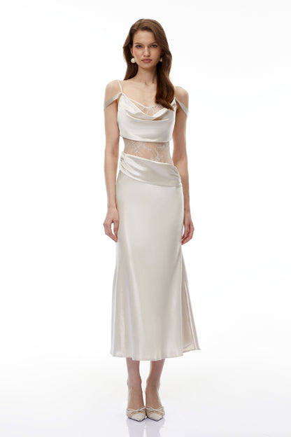 Sarah White Satin Midi Dress with Lace Cut-Outs