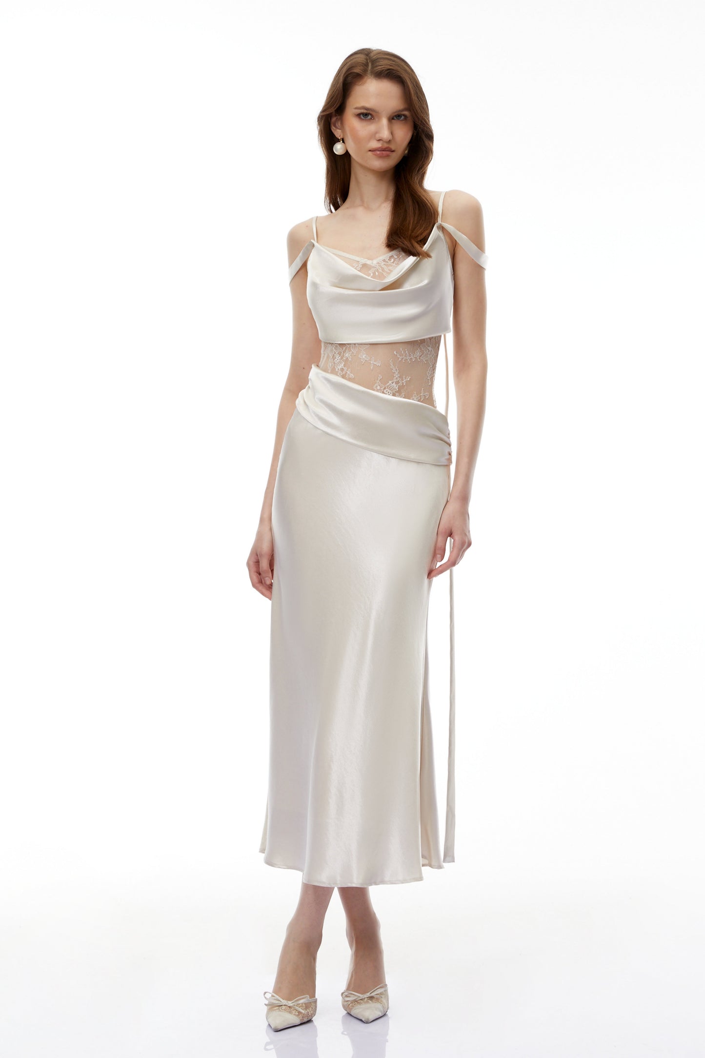 Sarah White Satin Midi Dress with Lace Cut-Outs