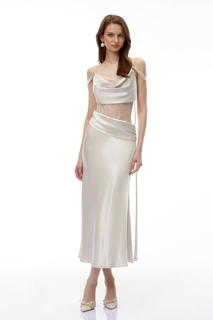 Sarah White Satin Midi Dress with Lace Cut-Outs