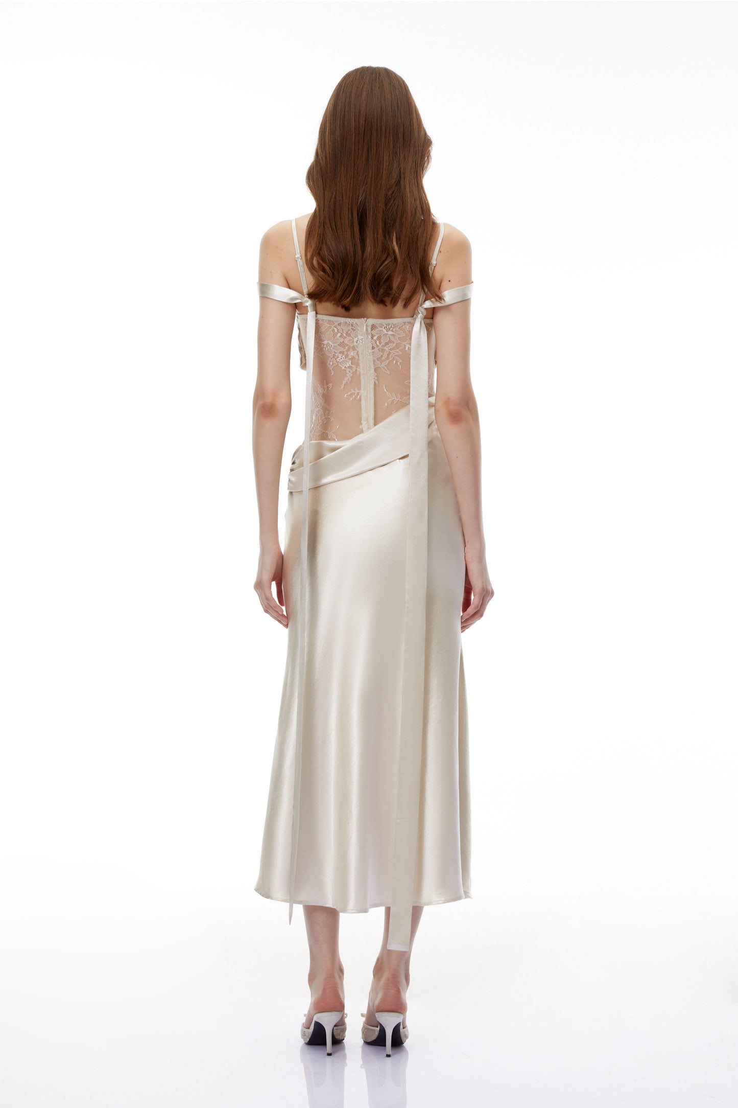 Sarah White Satin Midi Dress with Lace Cut-Outs