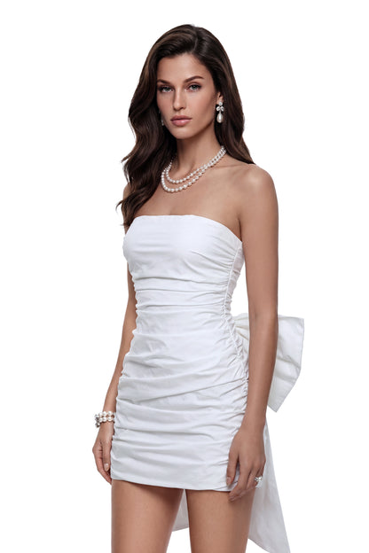 Sari White Ruched Mini Dress with Bow