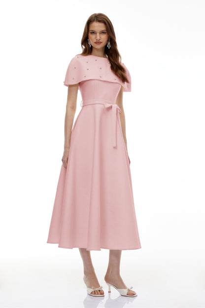 Sawda Pink Embellished Midi Dress with Cape