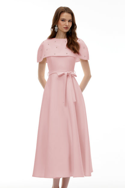 Sawda Pink Embellished Midi Dress with Cape