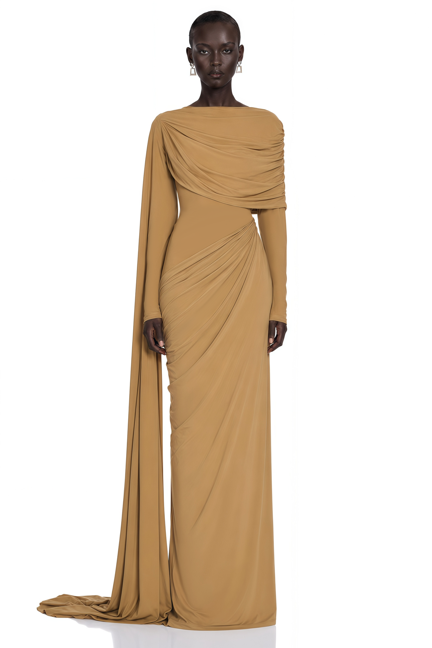 Selena Khaki Long Sleeve Draped Maxi Dress with Cape