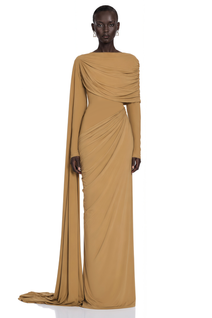 Selena Khaki Long Sleeve Draped Maxi Dress with Cape