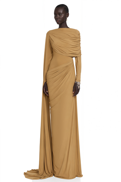 Selena Khaki Long Sleeve Draped Maxi Dress with Cape