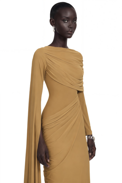Selena Khaki Long Sleeve Draped Maxi Dress with Cape