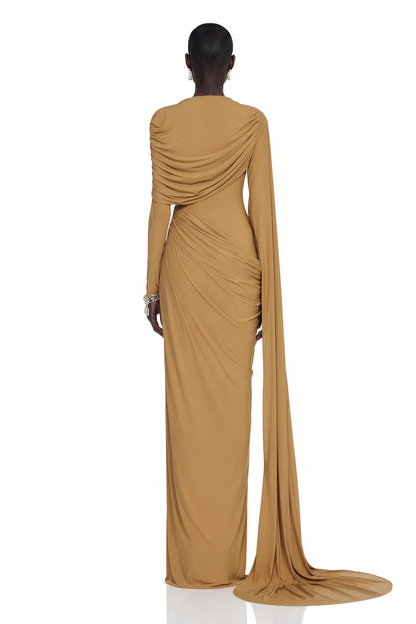 Selena Khaki Long Sleeve Draped Maxi Dress with Cape