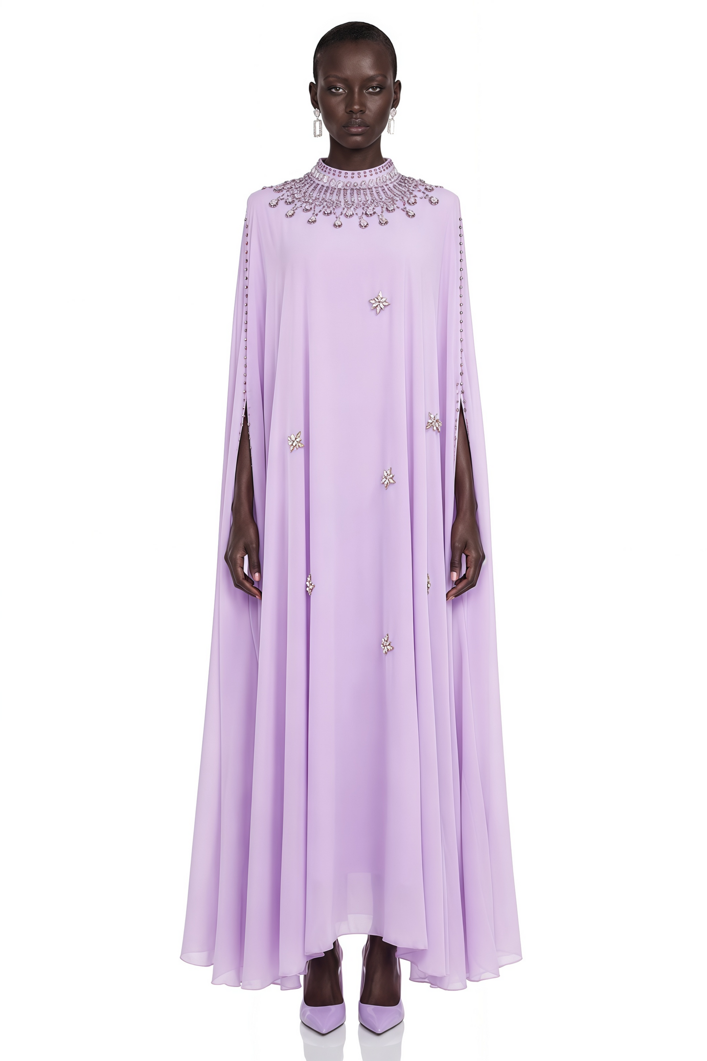 Sena Purple Rhinestone Maxi Dress with Cape sleeve