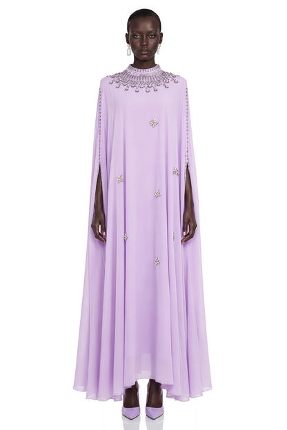 Sena Purple Rhinestone Maxi Dress with Cape sleeve