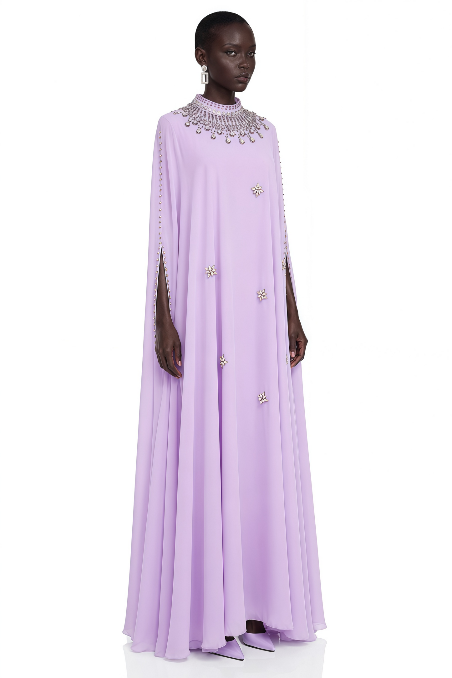 Sena Purple Rhinestone Maxi Dress with Cape sleeve
