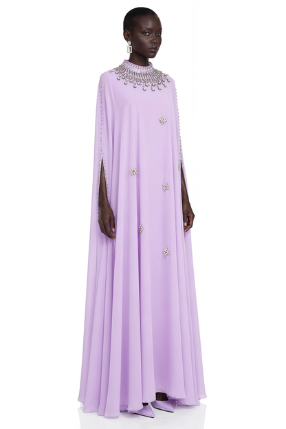 Sena Purple Rhinestone Maxi Dress with Cape sleeve