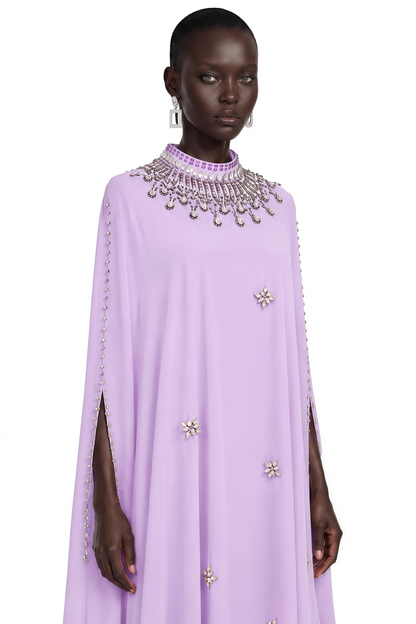 Sena Purple Rhinestone Maxi Dress with Cape sleeve