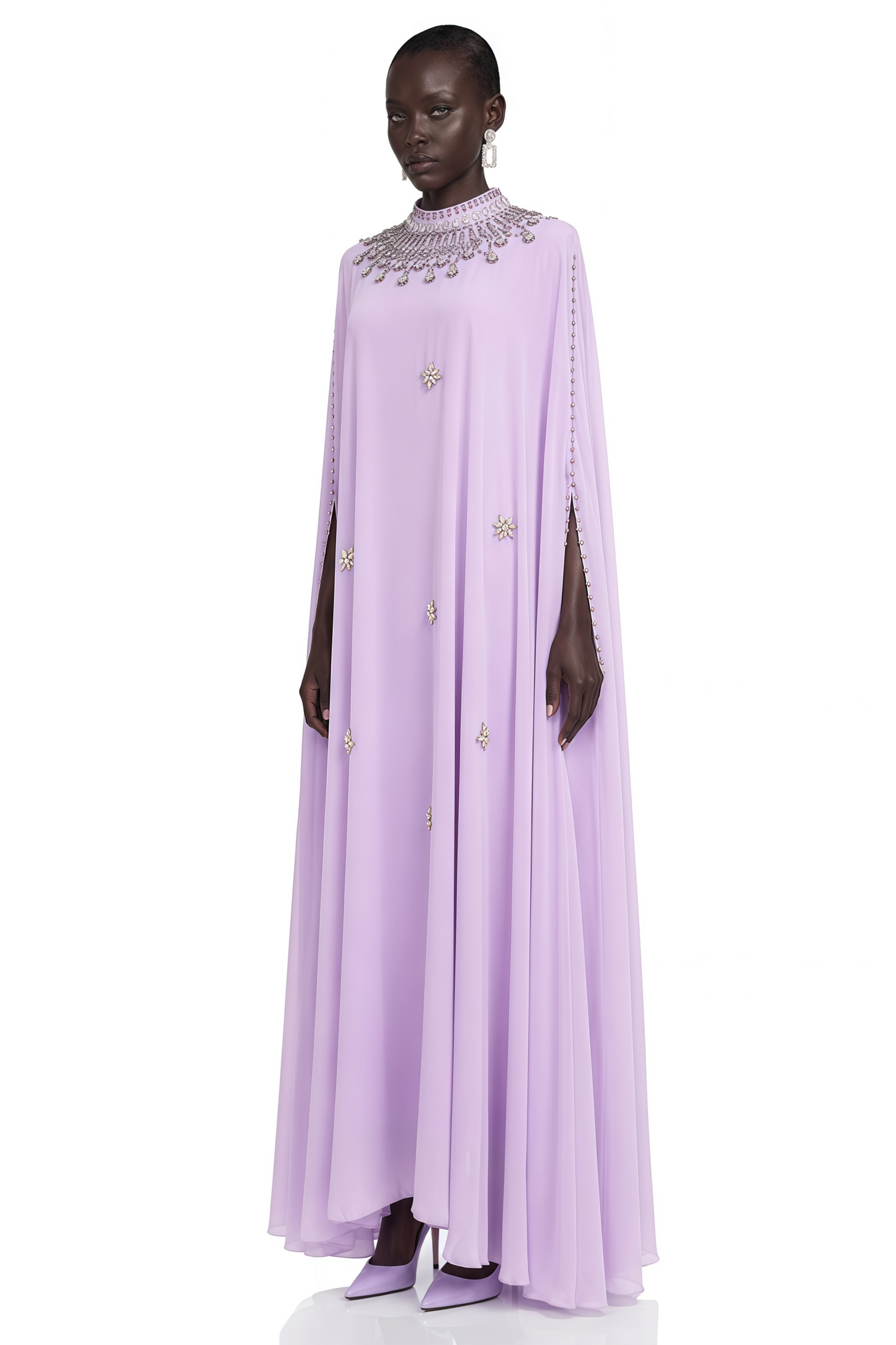 Sena Purple Rhinestone Maxi Dress with Cape sleeve