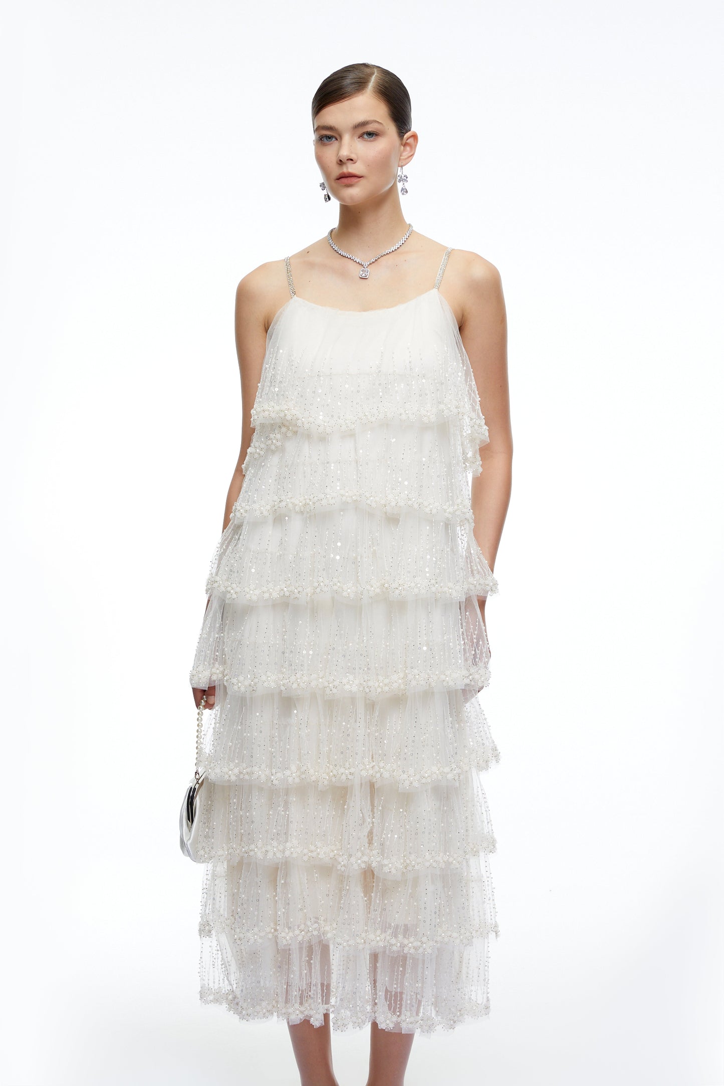 Seraphina Neutral Tiered Sequin Tulle Midi Dress