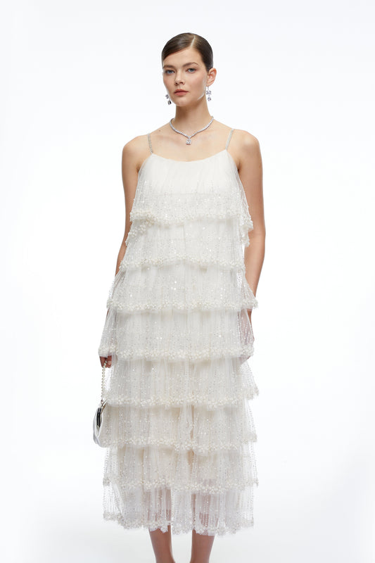 Seraphina Neutral Tiered Sequin Tulle Midi Dress