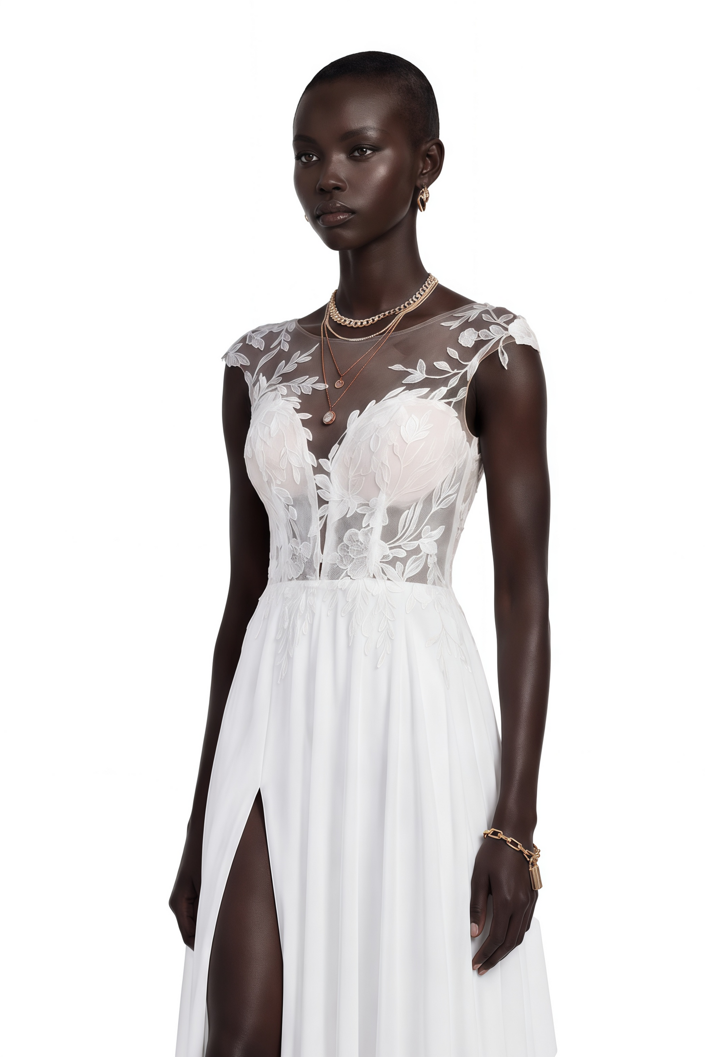 Seraphina White Maxi Dress with Lace Sleeves and Slit