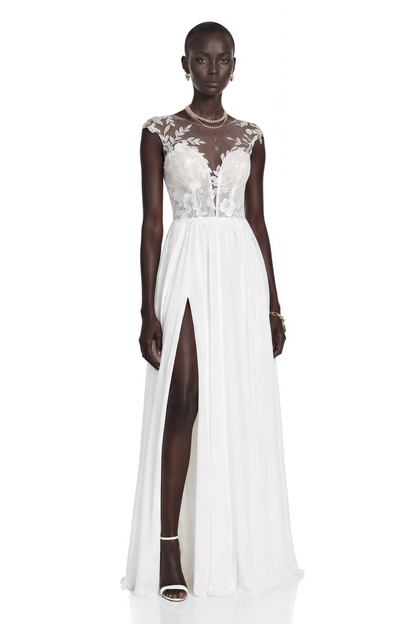 Seraphina White Maxi Dress with Lace Sleeves and Slit