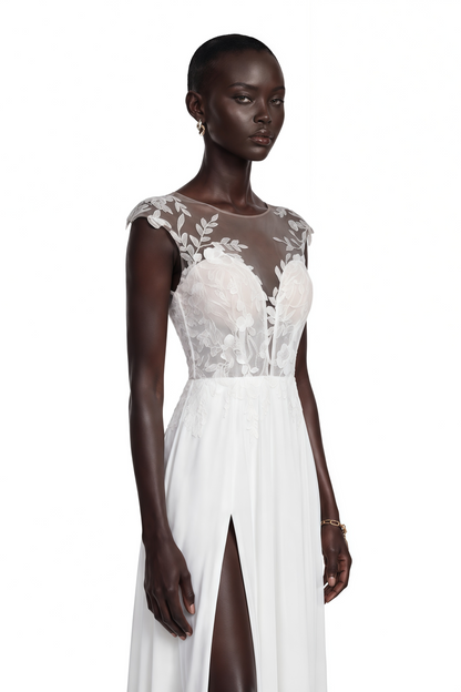 Seraphina White Maxi Dress with Lace Sleeves and Slit
