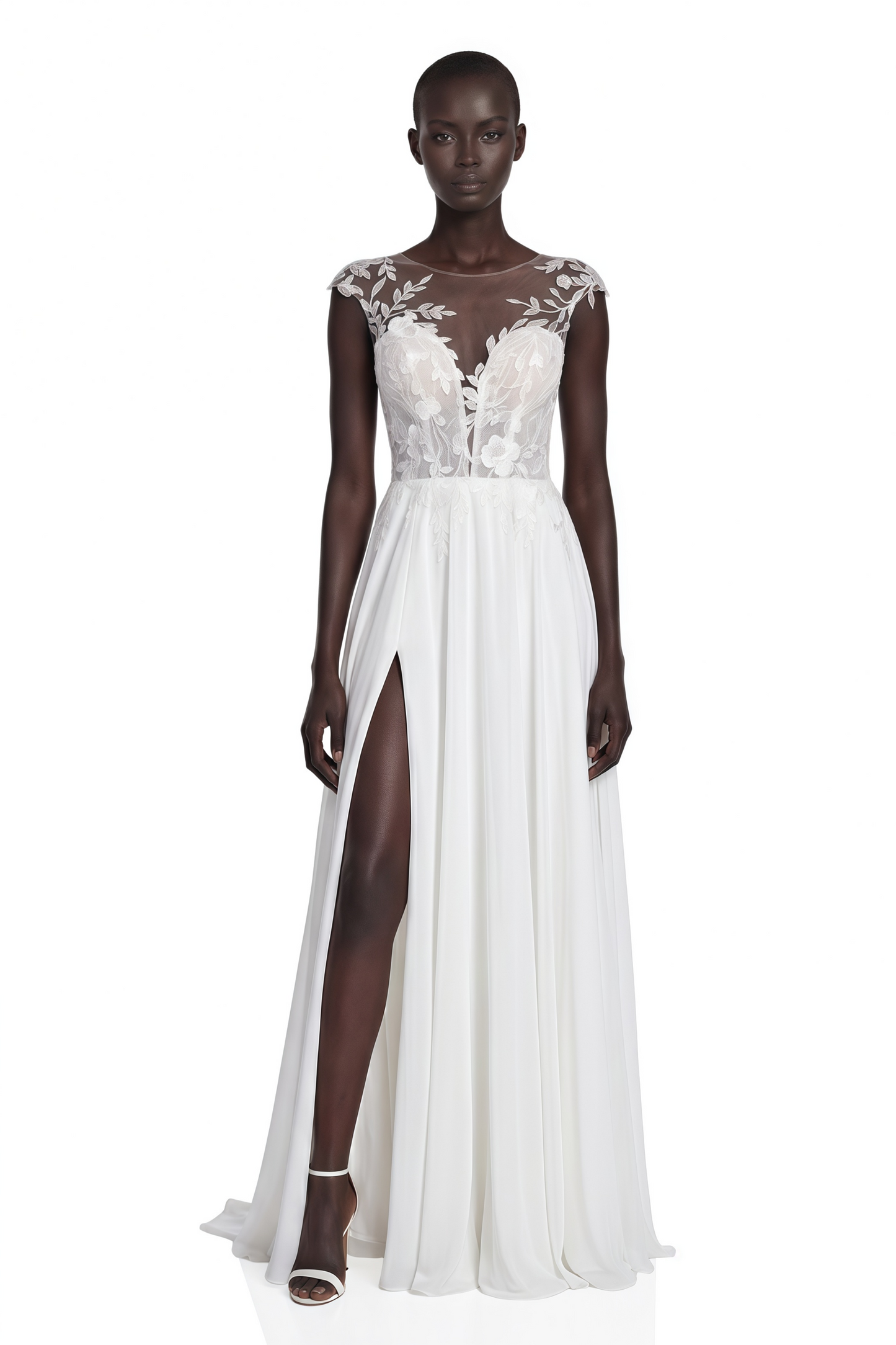 Seraphina White Maxi Dress with Lace Sleeves and Slit