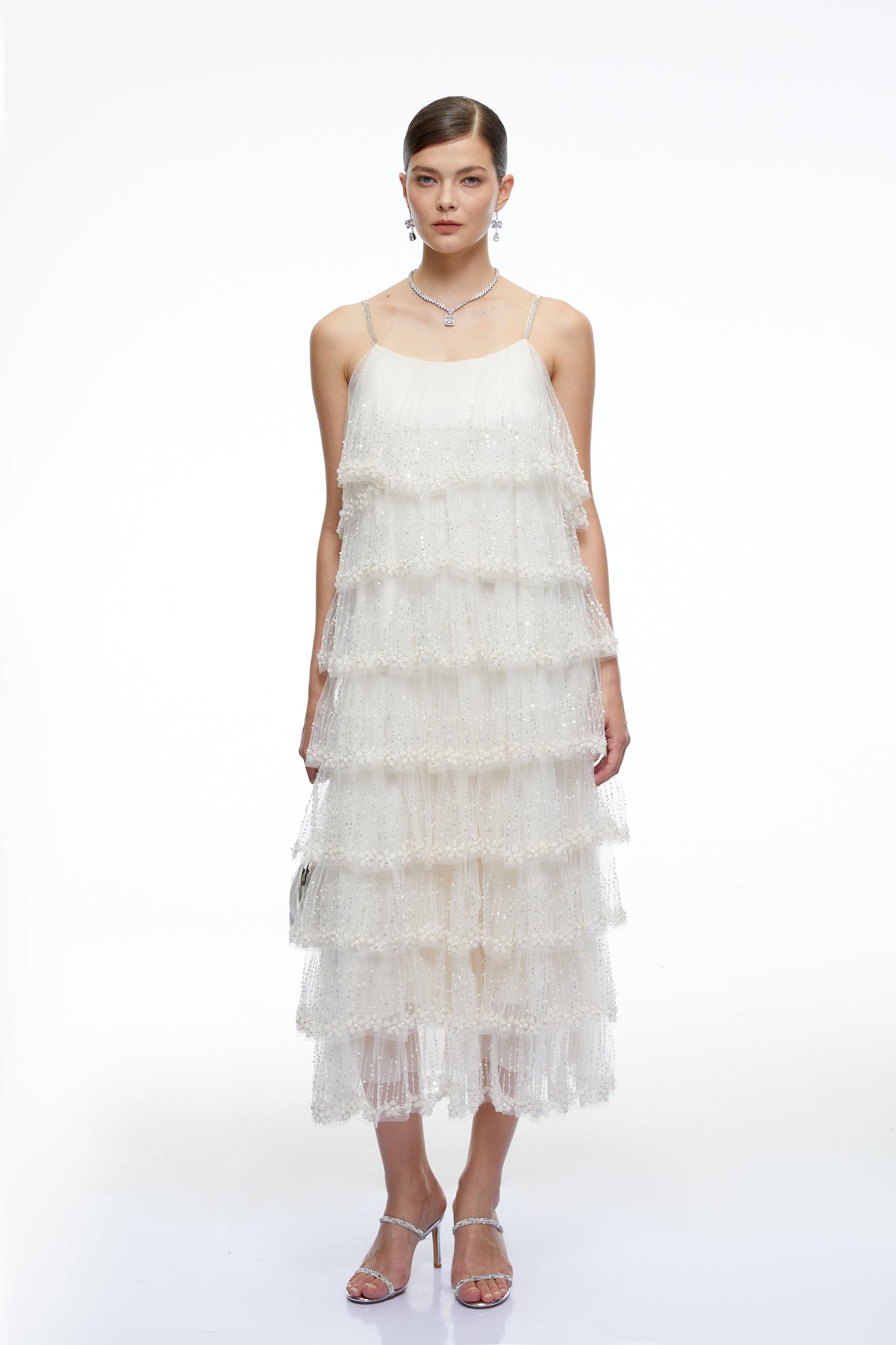 Seraphina Neutral Tiered Sequin Tulle Midi Dress