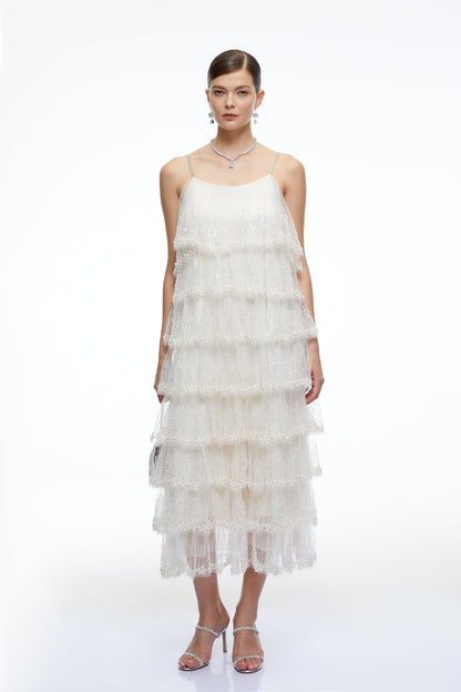 Seraphina Neutral Tiered Sequin Tulle Midi Dress