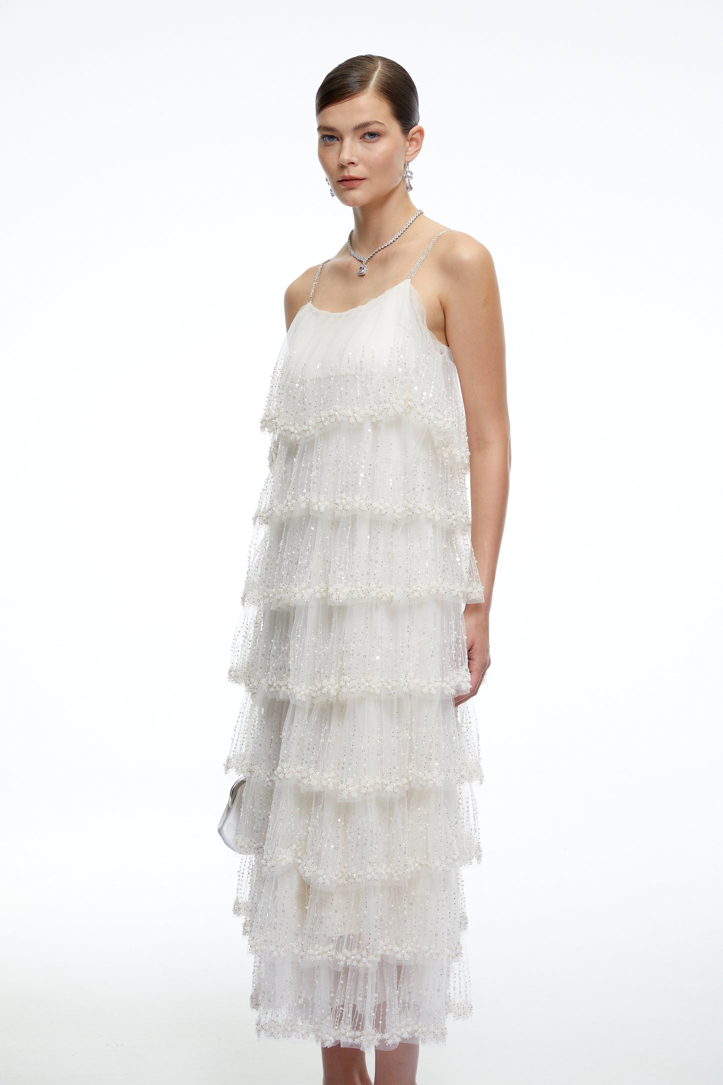 Seraphina Neutral Tiered Sequin Tulle Midi Dress