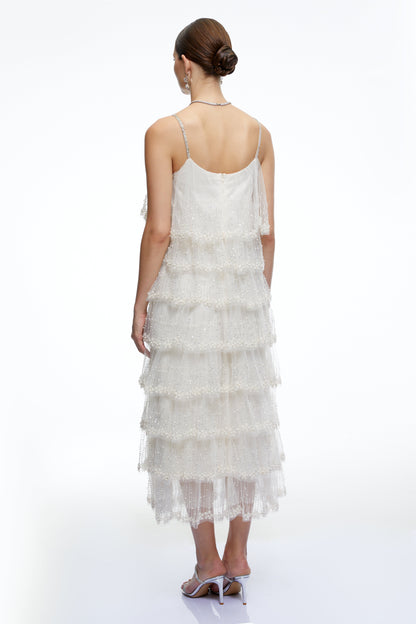 Seraphina Neutral Tiered Sequin Tulle Midi Dress