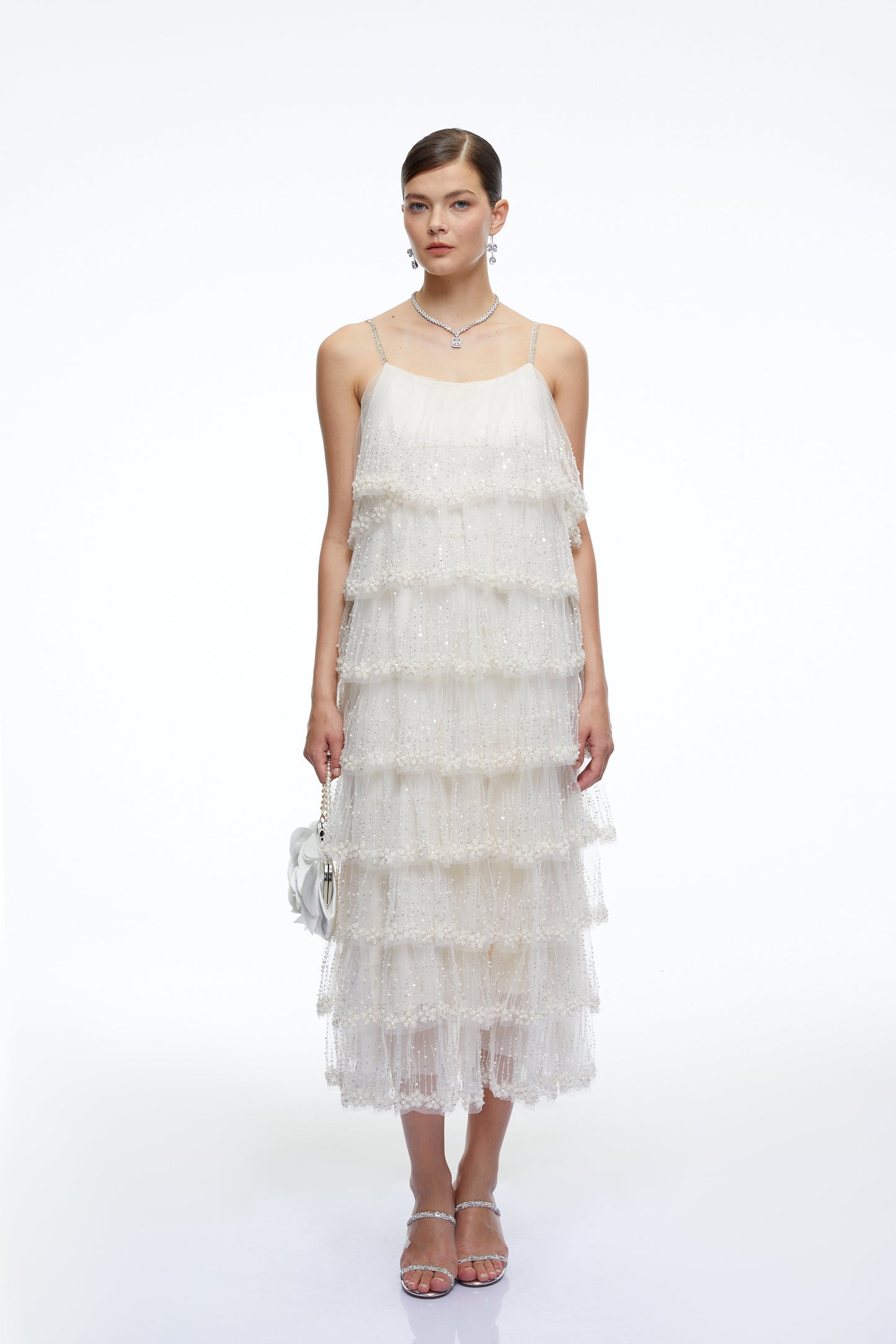 Seraphina Neutral Tiered Sequin Tulle Midi Dress