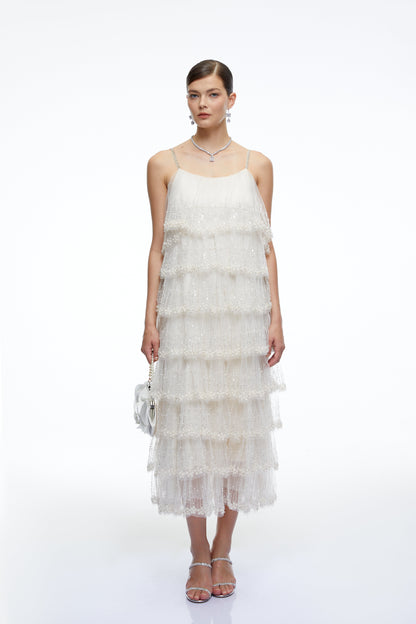 Seraphina Neutral Tiered Sequin Tulle Midi Dress