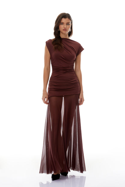 Seren Brown Ruched Tulle Panel Maxi Dress