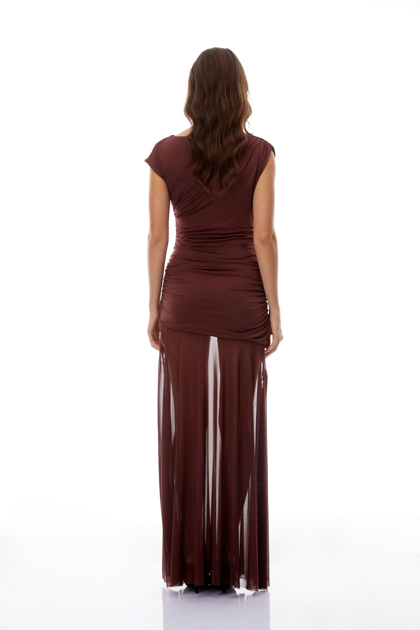 Seren Brown Ruched Tulle Panel Maxi Dress