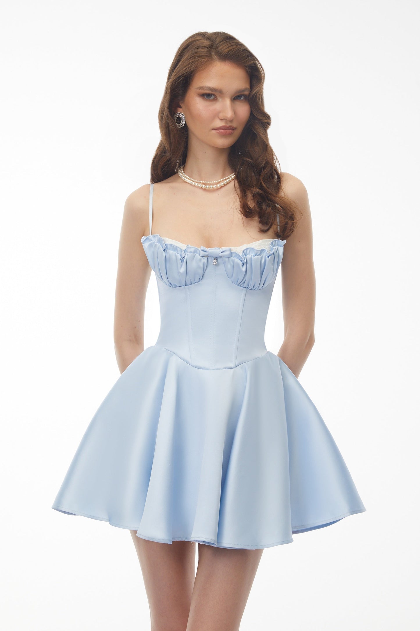 Severine Baby Blue Ruched Mini Dress with Lace Panels