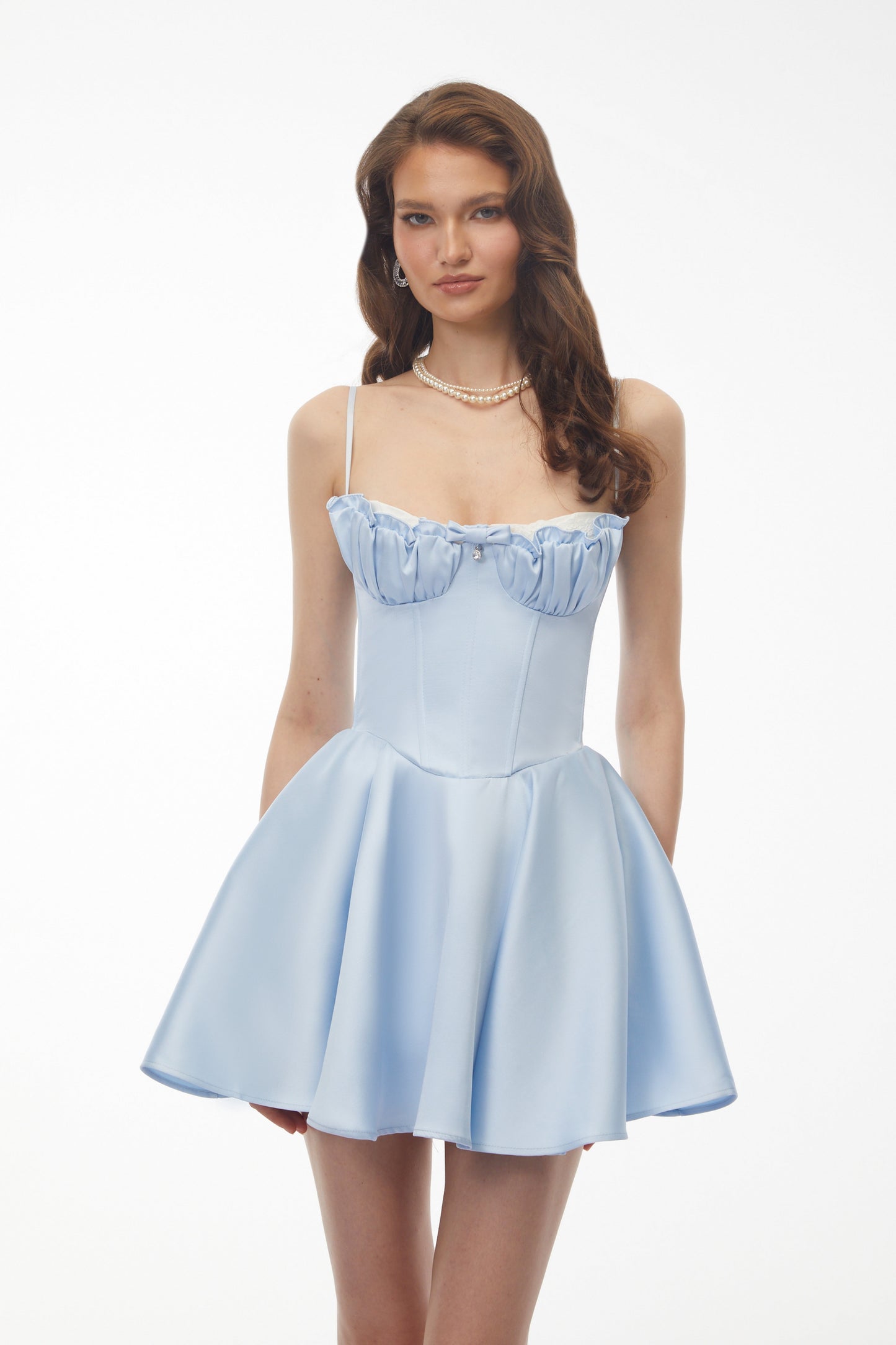 Severine Baby Blue Ruched Mini Dress with Lace Panels