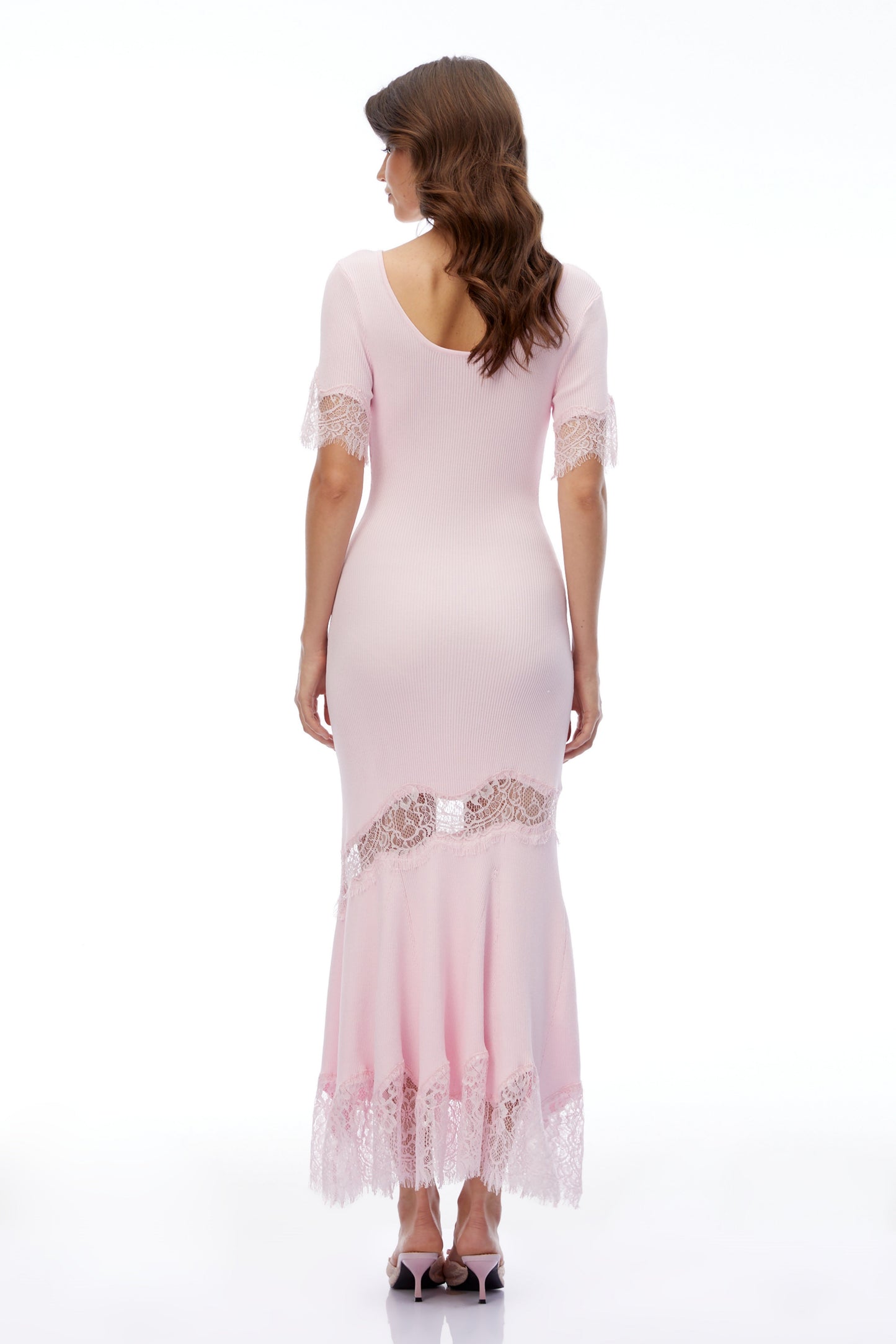 Sharon Pink Round Neck Maxi Dress with Lace Trim
