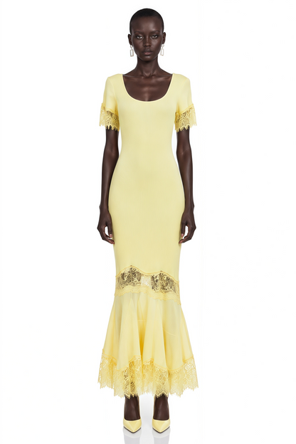 Sharon Yellow Round Neck Maxi Dress with Lace Trim