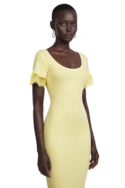 Sharon Yellow Round Neck Maxi Dress with Lace Trim