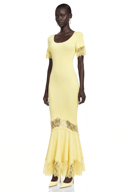 Sharon Yellow Round Neck Maxi Dress with Lace Trim