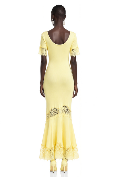 Sharon Yellow Round Neck Maxi Dress with Lace Trim