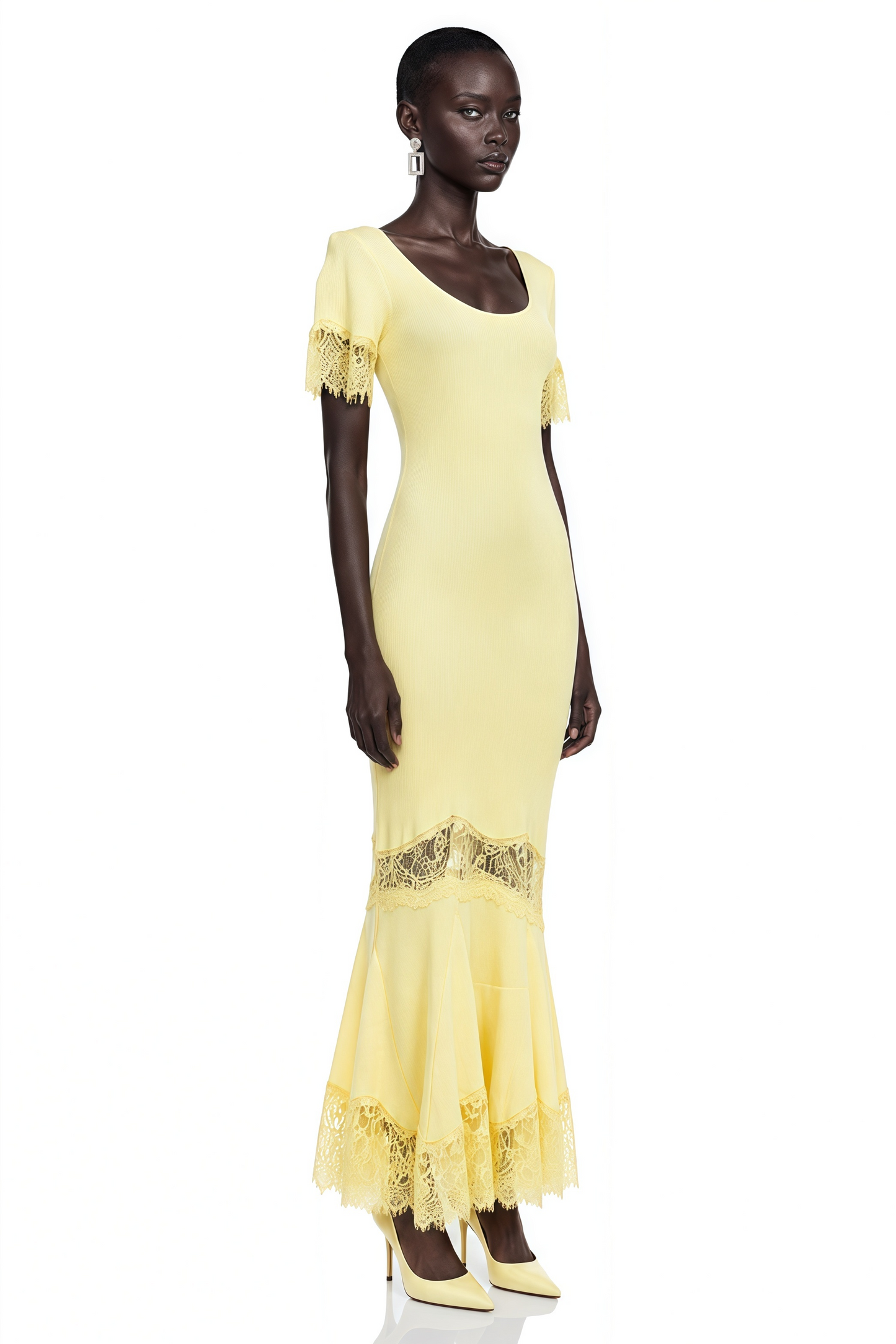 Sharon Yellow Round Neck Maxi Dress with Lace Trim