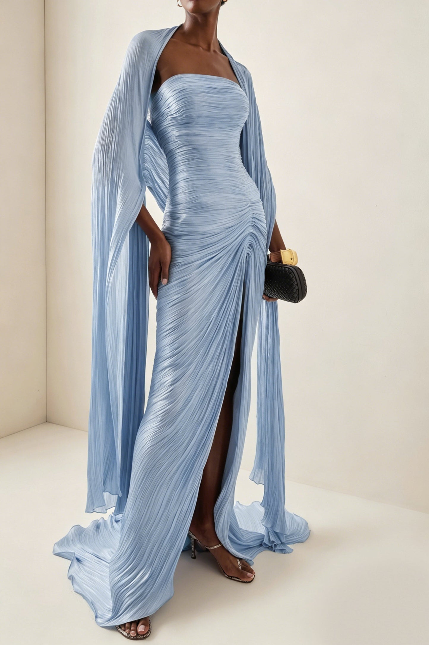 Shifra Blue Asymmetrical Cape Maxi Dress