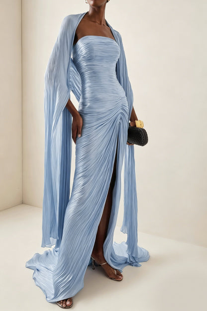 Shifra Blue Asymmetrical Cape Maxi Dress
