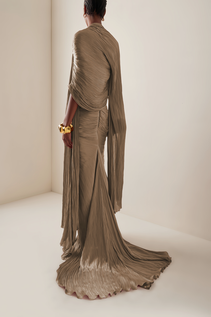 Shifra Brown Asymmetrical Cape Maxi Dress