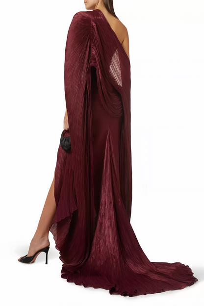 Shifra Burgundy Asymmetrical Cape Maxi Dress