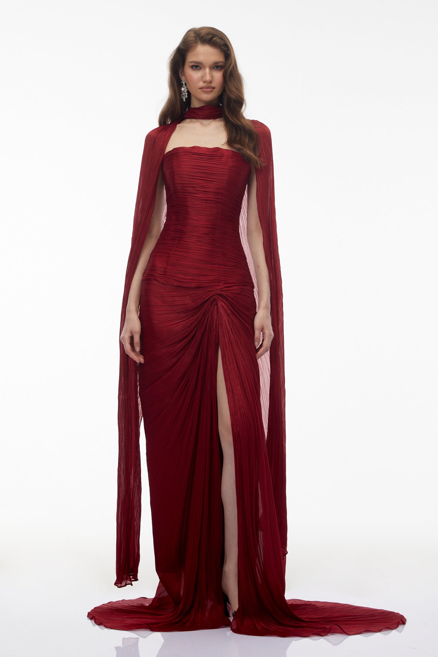 Shifra Burgundy Asymmetrical Cape Maxi Dress