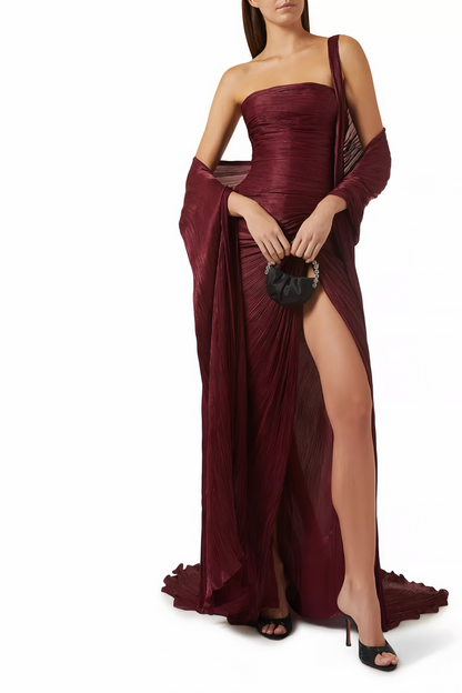 Shifra Burgundy Asymmetrical Cape Maxi Dress