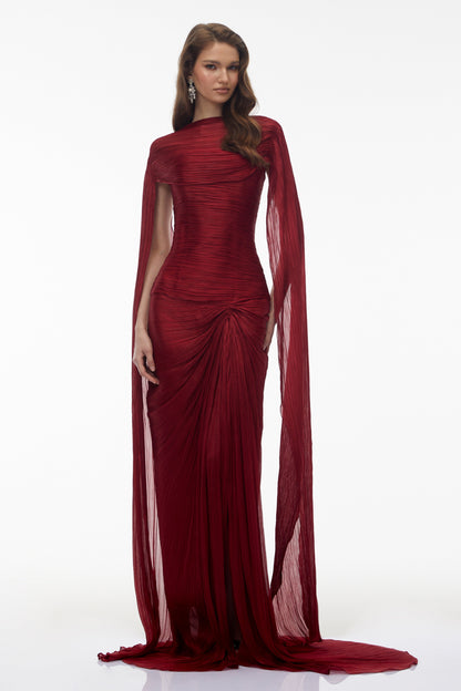Shifra Burgundy Asymmetrical Cape Maxi Dress