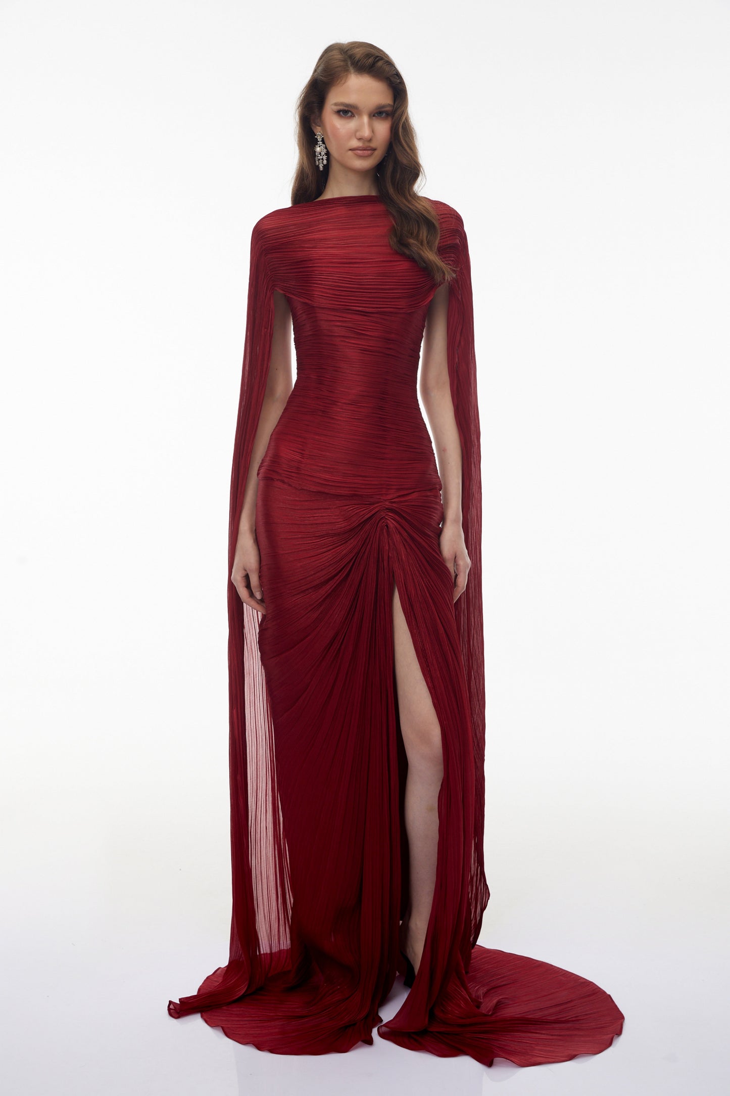 Shifra Burgundy Asymmetrical Cape Maxi Dress