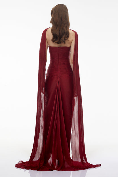 Shifra Burgundy Asymmetrical Cape Maxi Dress