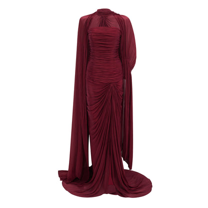 Shifra Burgundy Asymmetrical Cape Maxi Dress